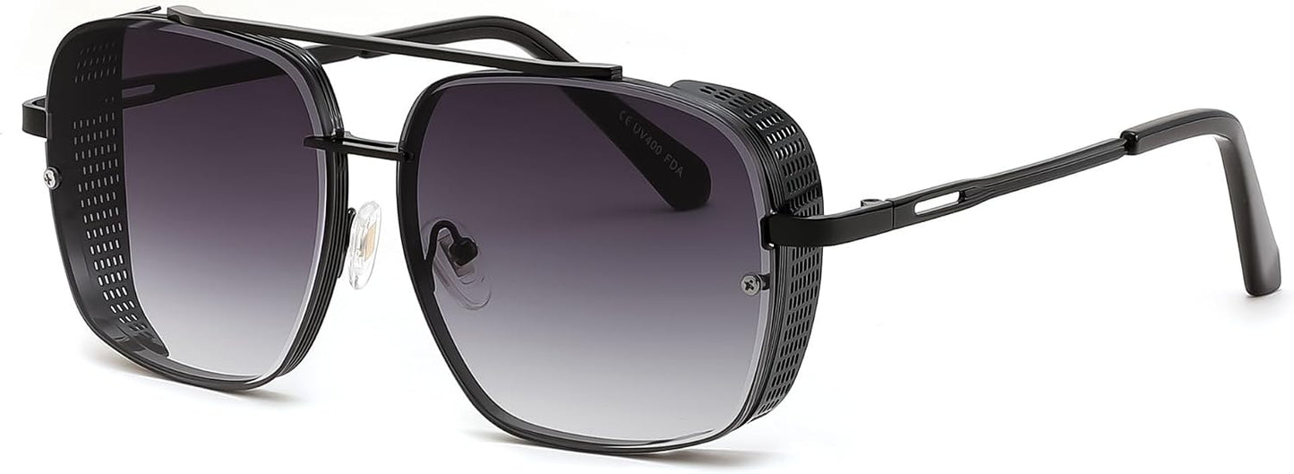 Glossy Black-gradual Grey / 55 Millimeters | B0GQXTR2LG | FEISEDY Sunglasses Mens Women Vintage Pilot Square Trendy Metal Steampunk Fishing Driving Sun Glasses B2894