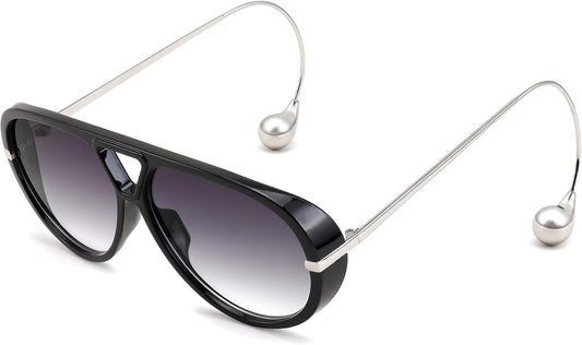 Black/Gradient Gray / 62 Millimeters | B0F8N8W8JM | FEISEDY Oversized Aviator Sunglasses With Earring Design for Women Large Big Frame Luxury Designer Shades for Ladies B0296