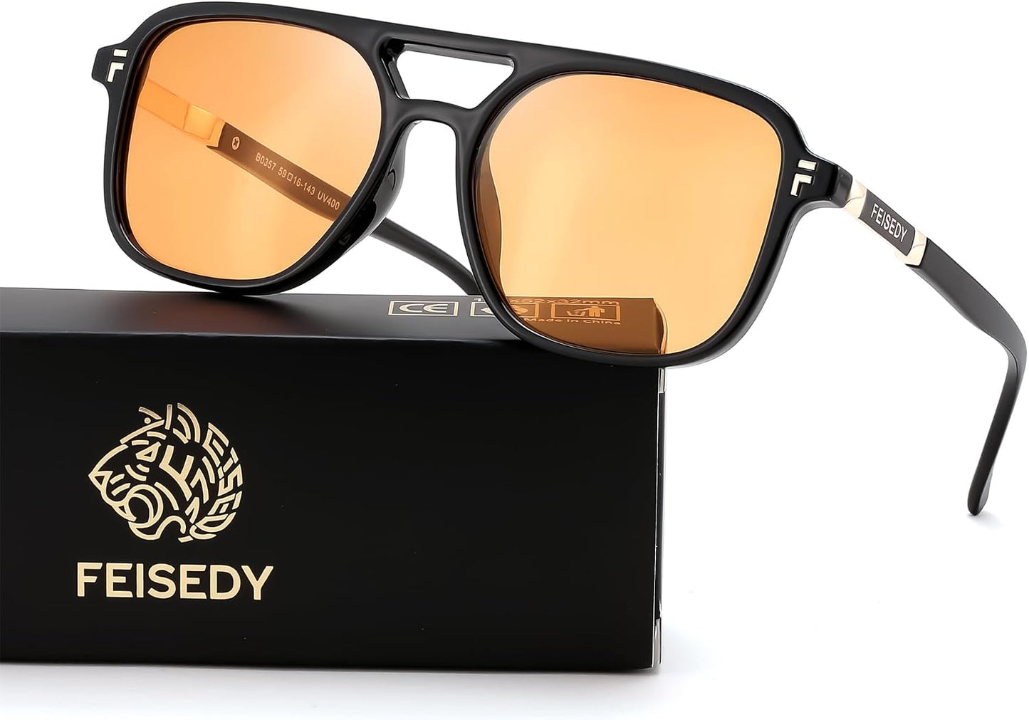 Black Frame Orange Lens / 53 Millimeters | B0H2VD81HY | FEISEDY Retro Polarized Aviator Square Sunglasses for Women Men UV400 B0357