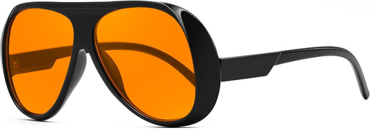 FEISEDY Retro Oversized Aviator Sunglasses Womens Men Trendy Vintage 70s Style Big Square Shield B0344 | BLACK Series - Black Frame Orange Lens