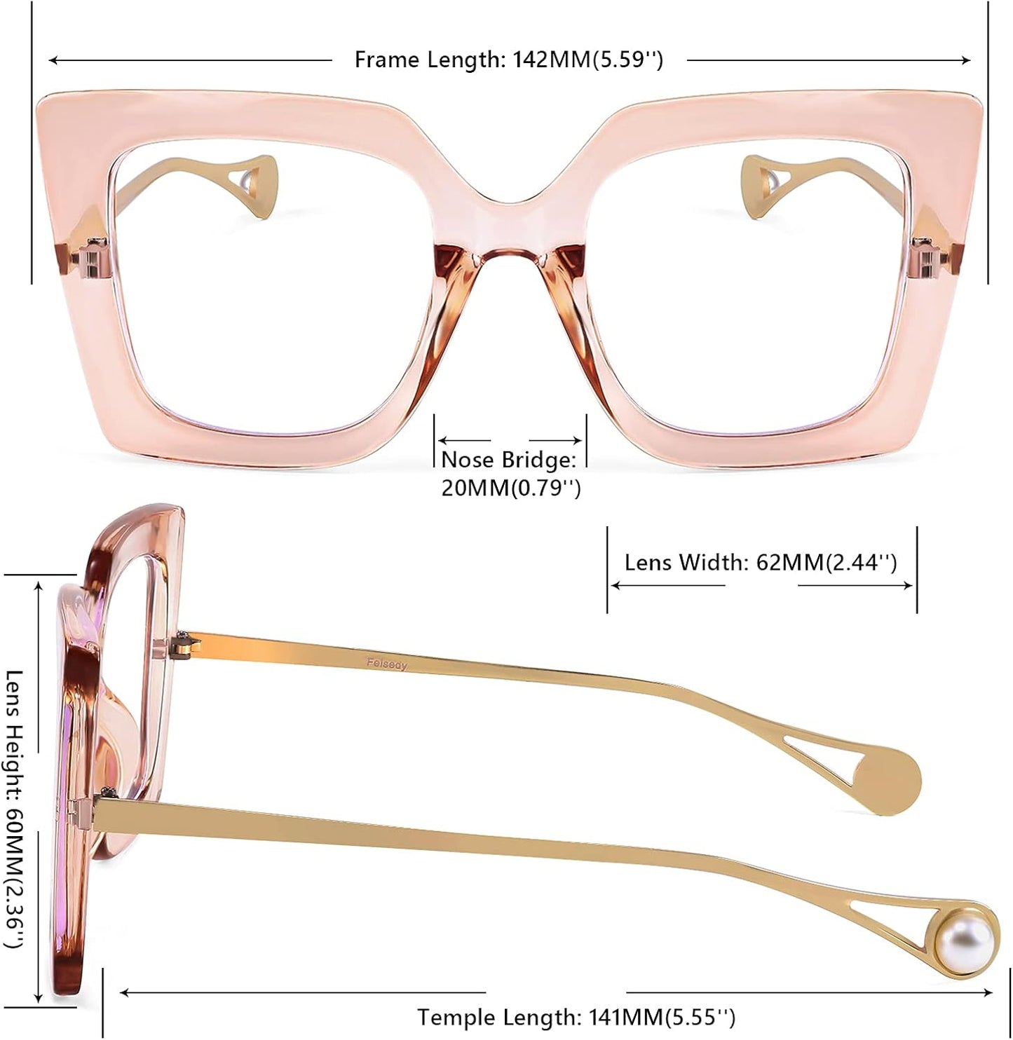 商品图片 47 | B08DF5QRXC | FEISEDY Oversized Square Blue Light Blocking Glasses Eye Strain Glare Pearl Inlay Arm Cat Eye Fashion Eyewear B2639