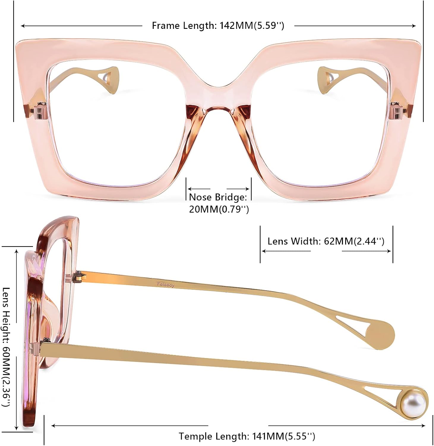 商品图片 47 | B08DF5QRXC | FEISEDY Oversized Square Blue Light Blocking Glasses Eye Strain Glare Pearl Inlay Arm Cat Eye Fashion Eyewear B2639