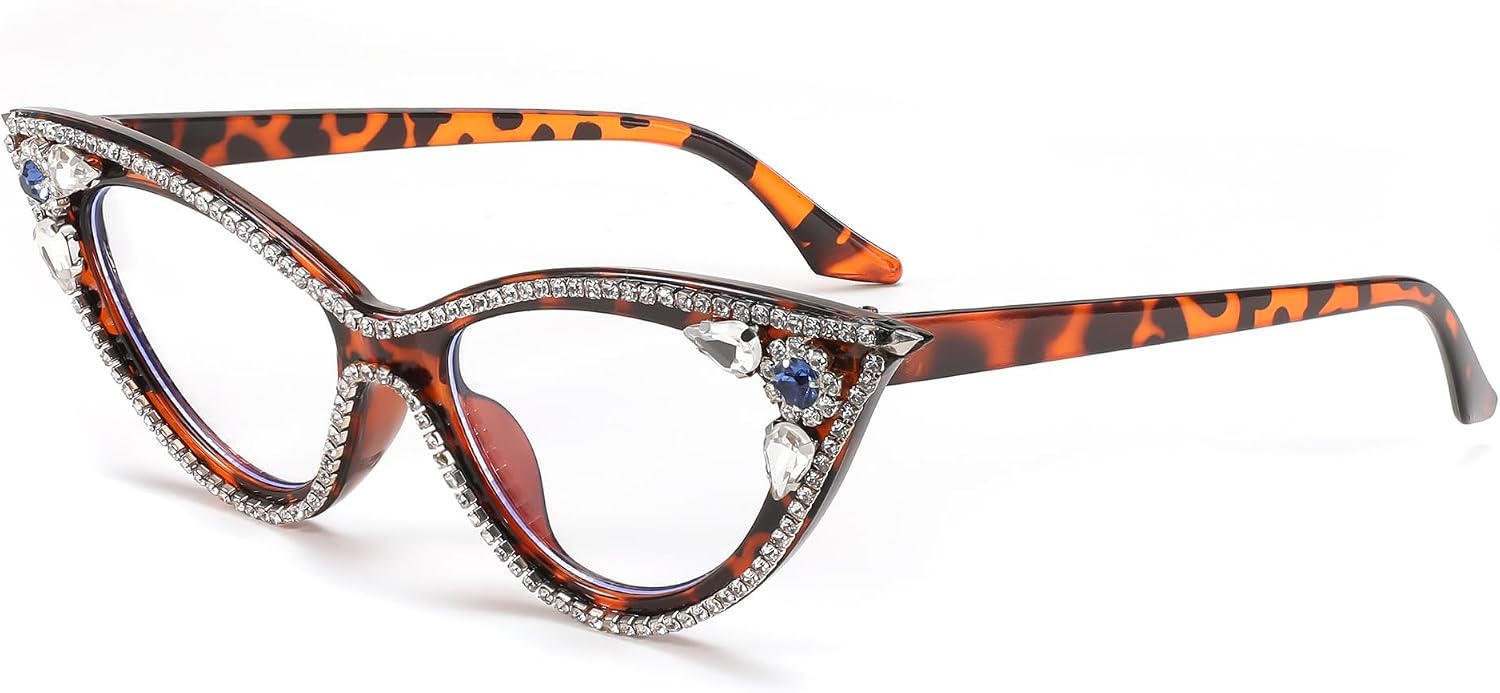 Leopard / 50 Millimeters | B0CQ55LMYK | FEISEDY Diamond Blue Light Blocking Glasses Cat Eye Rhinestone Women Glasses Frame Anti Eyestrain Computer Eyewear B0070