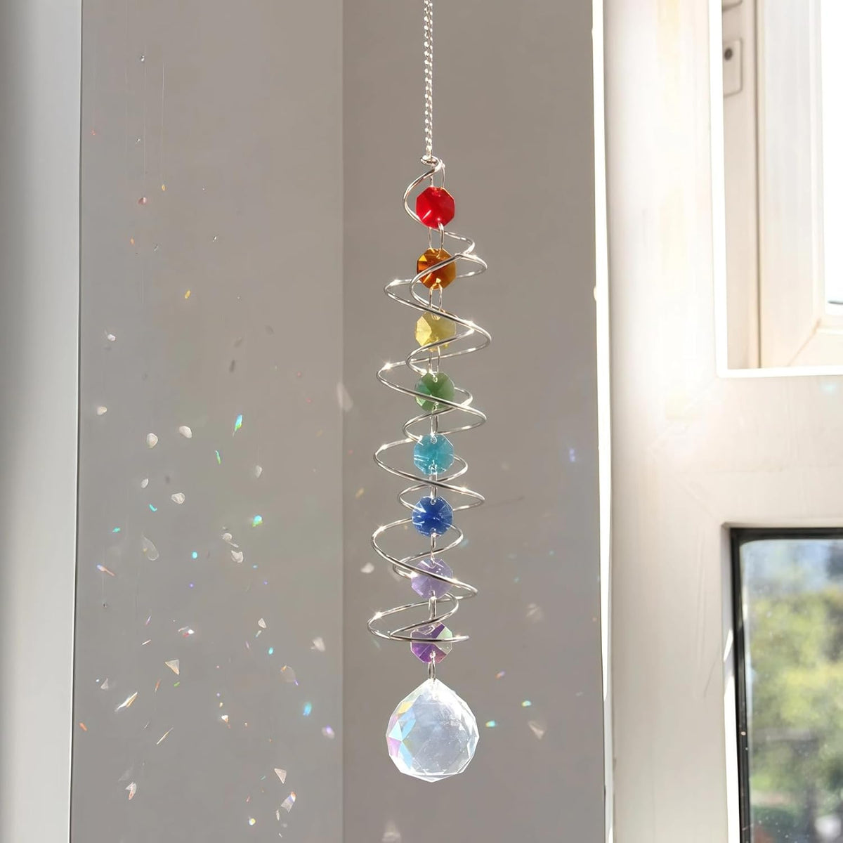 商品图片 2 | B0GZVDQXS6 | Chakra Beads Sun Catcher Wind Spinner, Rainbow Crystal Spiral Tail Rainbow Maker, Window Hanging Decor for Home Garden