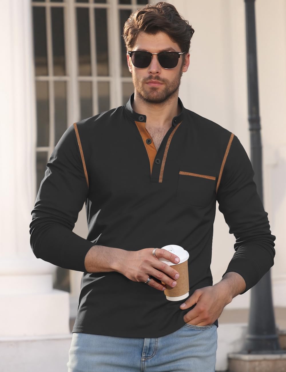 商品图片 2 | B0GL8FCK9T | Men's Long Sleeve Henley Shirt, Casual T-Shirt with Color Block Design, Classic Button Collar Pullover for Daily
