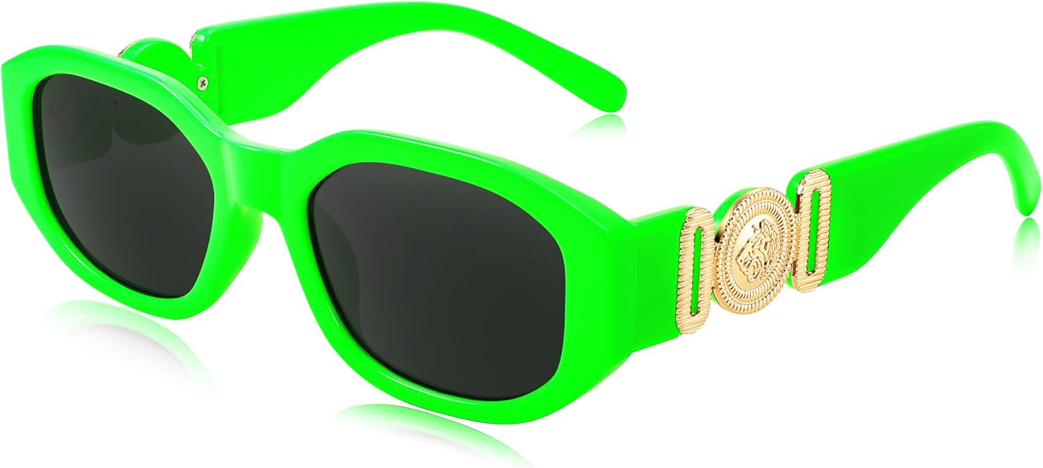 Fluorescent Green Frame/Gray Lens / 54 Millimeters | B0C9939T1B | FEISEDY Retro Trendy Rectangle Sunglasses Women Men Narrow Shades B2322