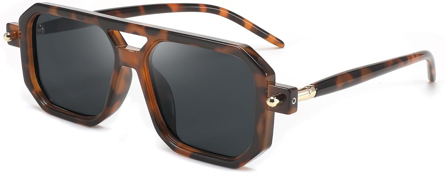 011 Brown Tortoise Frame & Grey Lens / 52 Millimeters | B0CR3LQZ4P | FEISEDY Vintage Square 70s Flat Aviator Sunglasses Women Men Classic Retro Stylish Frame UV400 Sunglasses B2622