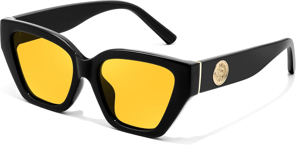 Black Frame & Yellow Lens / 52 Millimeters | B0G2GRM4LZ | FEISEDY Women's Polarized Cat Eye Sunglasses - UV400 Protection, Trendy Design for Driving & Daily Wear B0299