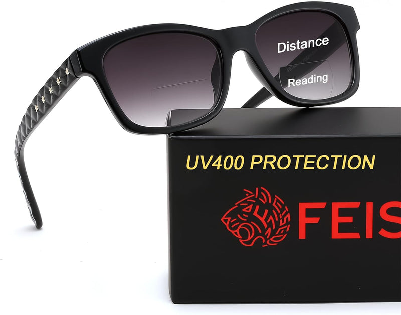 Black / 1.5 x | B0GT8LBX1N | FEISEDY Bifocal Reading Sunglasses for Women, Trendy Sunglasse Readers, Outdoor Reader Sun Glasses, UV400 Protection B0354
