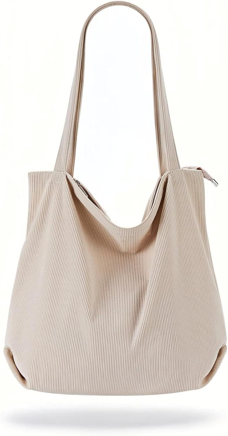 White | B0GSFSS27Z | Corduroy Tote Bag for Women, Shopping Tote Handbags with Zipper Casual Tote's Handbag Big Capacity Shoulder Bag with Pockets