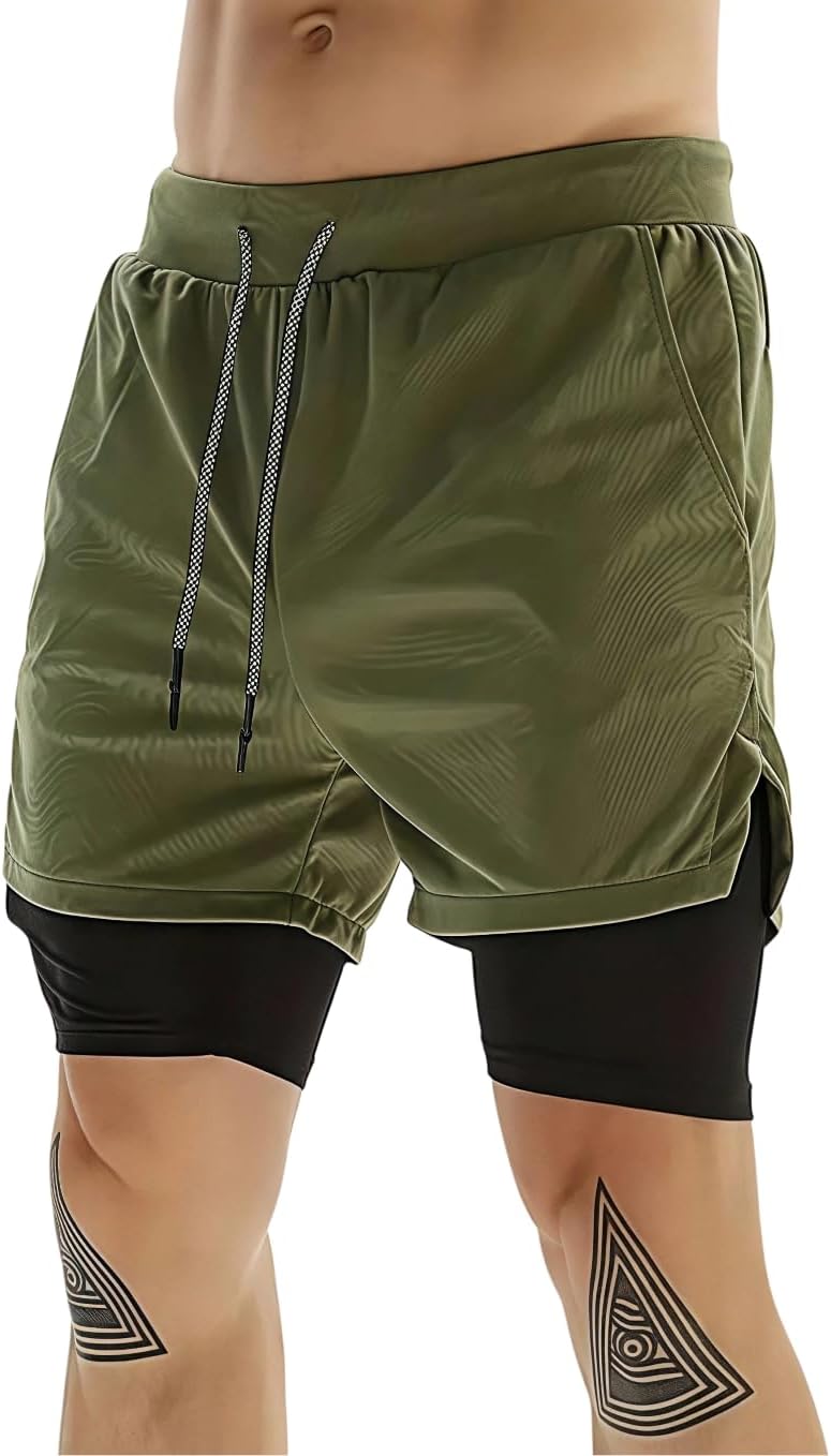 商品图片 2 | B0GPQC1J43 | Men's 2-in-1 Running Shorts with Phone Pockets - Quick Dry Gym & Workout Shorts for Athletic Men Green
