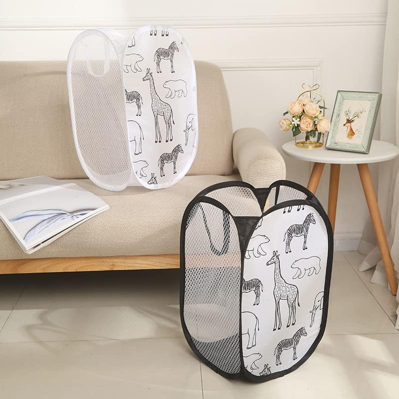 商品图片 2 | B0FWXS6RK9 | Collapsible Mesh Laundry Baskets, Hamper with Cute Print, Space-Saving for Clothes Storage, Breathable & Sturdy, Black/White