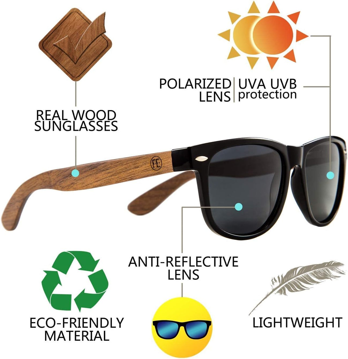 商品图片 34 | B07J2YHS4L | FEISEDY Polarized Wood Sunglasses Women Men HD UV400 Driving Fishing Golf Sunglasses B2448