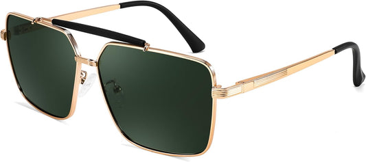 Gold Frame Green Lens / 52 Millimeters | B0CP213KXY | FEISEDY Trendy Polarized Aviator Sunglasses Womens Mens Retro Square Double Bridge Metal 90s Shades B0098
