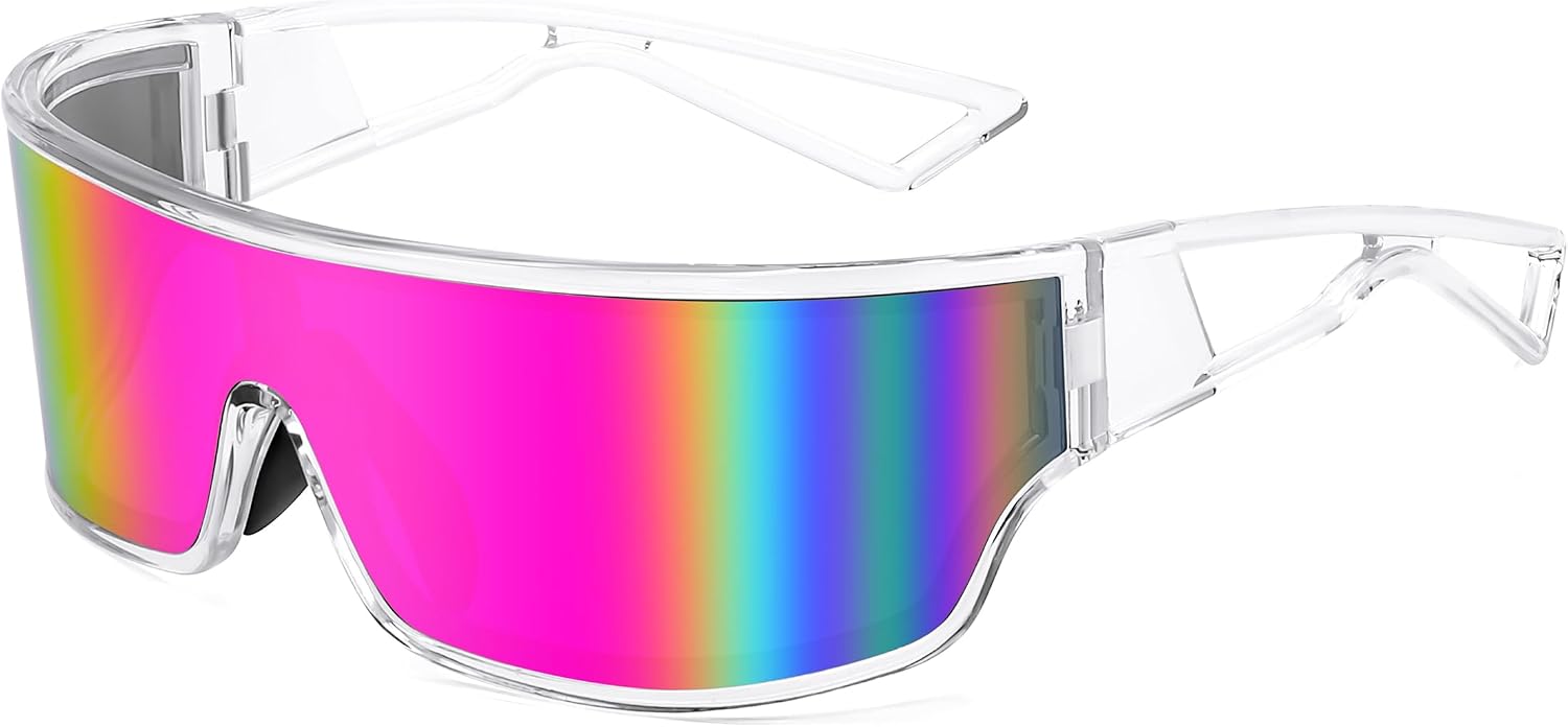 Transparent Frame Purple Pink Mirrored Lens / 75 Millimeters | B0D3PKKSD9 | FEISEDY Trendy Futuristic Wrap Sunglasses Flat Top Mirrored One Piece Lens Reflective Sun Glasses for Women Men B0161