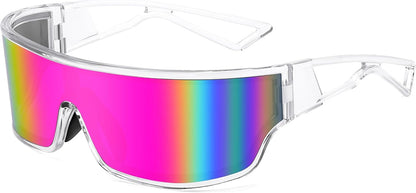 Transparent Frame Purple Pink Mirrored Lens / 75 Millimeters | B0D3PKKSD9 | FEISEDY Trendy Futuristic Wrap Sunglasses Flat Top Mirrored One Piece Lens Reflective Sun Glasses for Women Men B0161