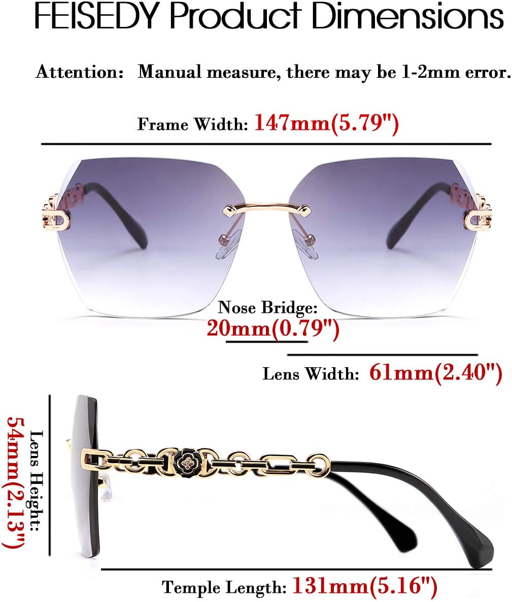 商品图片 14 | B083VRLS2Q | FEISEDY Classic Rimless Sunglasses Women Metal Frame Diamond Cutting Lens Sun Glasses B2567