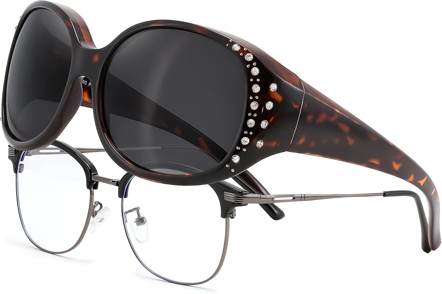 Tortoise/Gradient Brown / 61 Millimeters | B0GRVMNFXS | FEISEDY Women's Polarized Wrap-Around Fit Over Sunglasses with Rhinestones, Anti-Glare Driving Sun Glasses B0362