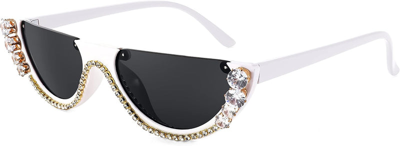 White Frame White Crystal / 55 Millimeters | B0BKQFVBKQ | FEISEDY Women Crystal Cateye Sunglasses Half Frame Sparkling Trendy Retro Clout Goggles B2975