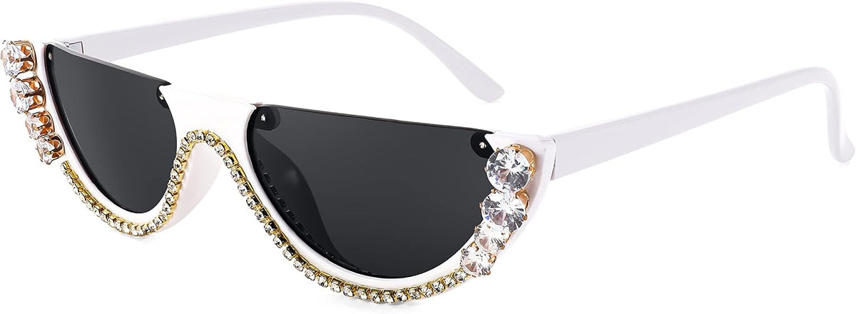 White Frame White Crystal / 55 Millimeters | B0BKQFVBKQ | FEISEDY Women Crystal Cateye Sunglasses Half Frame Sparkling Trendy Retro Clout Goggles B2975