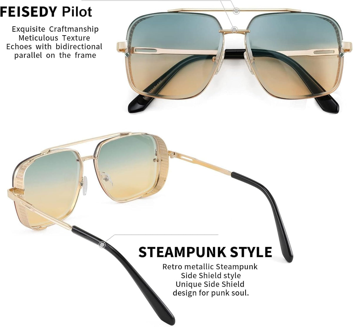 ÉÌƷͼƬ 47 | B09SDC5BD5 | FEISEDY Sunglasses Mens Women Vintage Pilot Square Trendy Metal Steampunk Fishing Driving Sun Glasses B2894