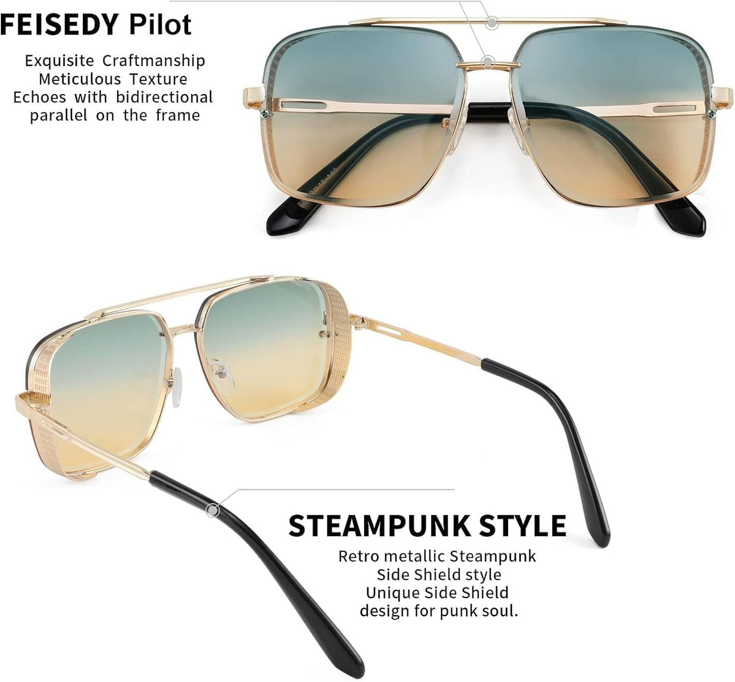 商品图片 47 | B09SDC5BD5 | FEISEDY Sunglasses Mens Women Vintage Pilot Square Trendy Metal Steampunk Fishing Driving Sun Glasses B2894