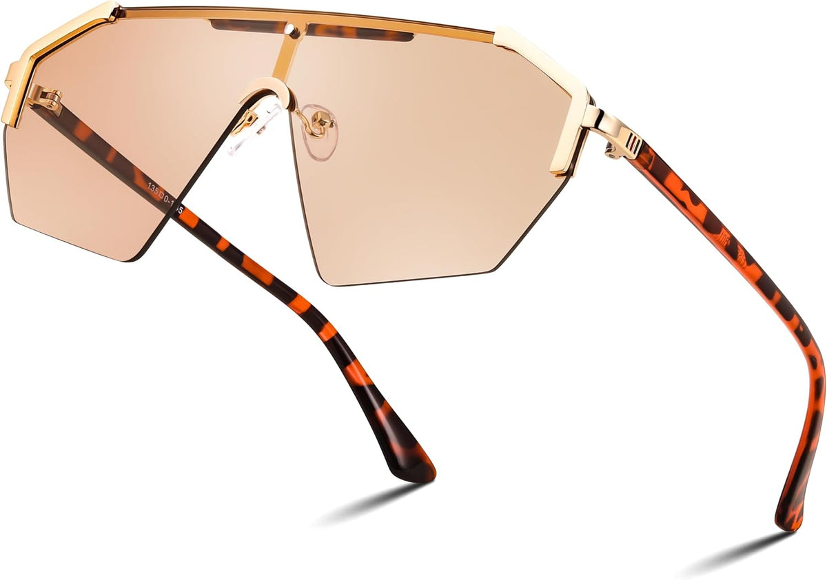 03 Champagne Pink / 67 Millimeters | B0D6G2KPSH | FEISEDY Fashion Flat One Piece Oversized Sunglasses Rimless Irregular Stylish Retro Design Shade Women Men B0153