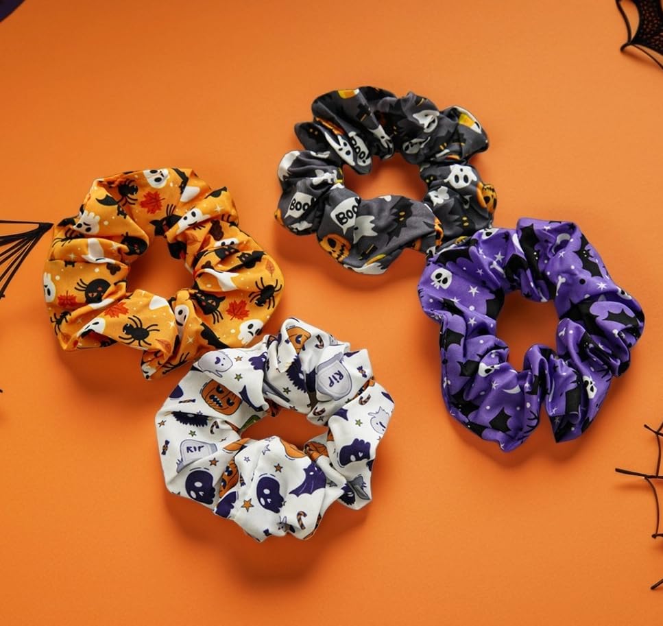 Multicolor | B0FP594TXM | Scrunchies 4-Pack – Spooky Hair Ties for Women, Boo Basket Stuffers, Festive Halloween Accessories & Gifts