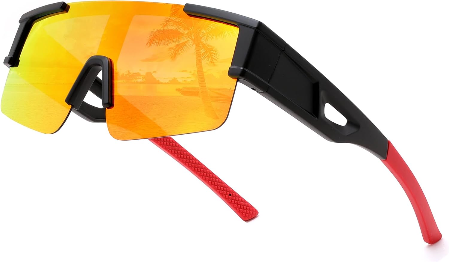 04 Black Frame/Red Mirrored Lens / Large | B0GGNC21SX | FEISEDY Polarized Fit Over Glasses Sunglasses for Men Women, Sports Wrap Around for Driving Cycling Fishing B0382