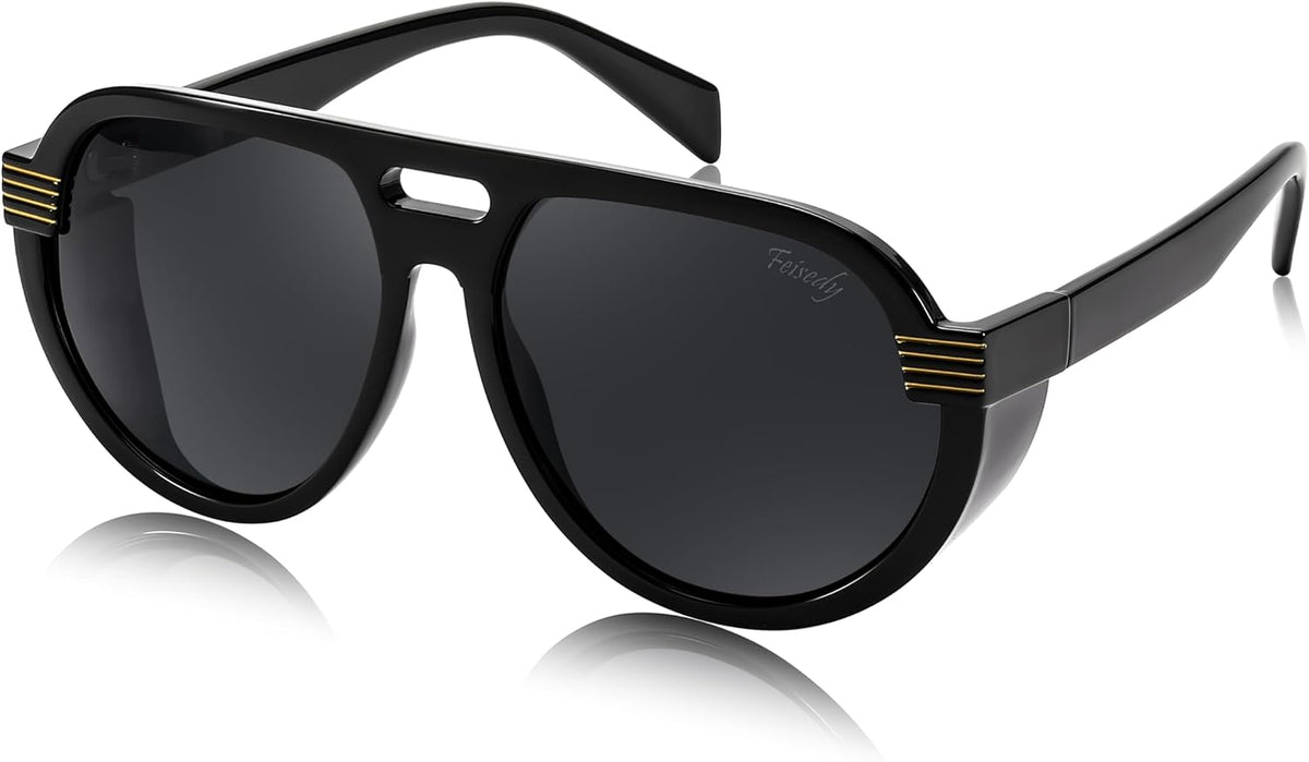 Black Frame/Grey Lens / Grey | B0CT8T8X66 | FEISEDY Steampunk with Side Shields Aviator Sunglasses for Men Women 80s Retro Flat Top Oversized Polarized Shades B0096