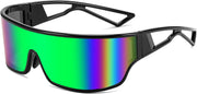 Black Frame Green Mirrored Lens / 75 Millimeters | B0D3PMVB19 | FEISEDY Trendy Futuristic Wrap Sunglasses Flat Top Mirrored One Piece Lens Reflective Sun Glasses for Women Men B0161