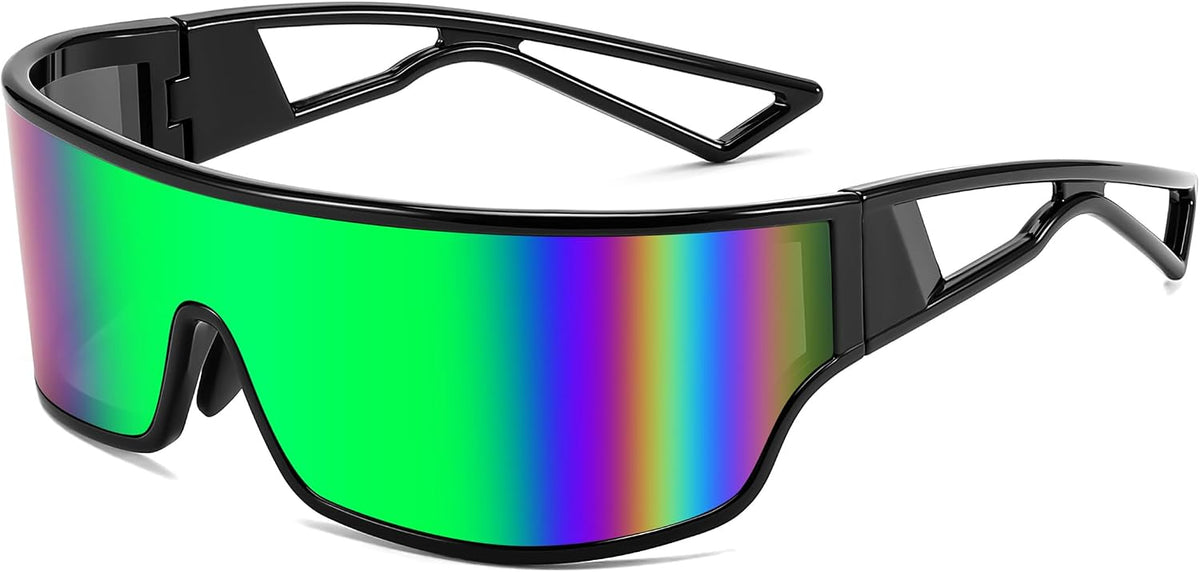 Black Frame Green Mirrored Lens / 75 Millimeters | B0D3PMVB19 | FEISEDY Trendy Futuristic Wrap Sunglasses Flat Top Mirrored One Piece Lens Reflective Sun Glasses for Women Men B0161