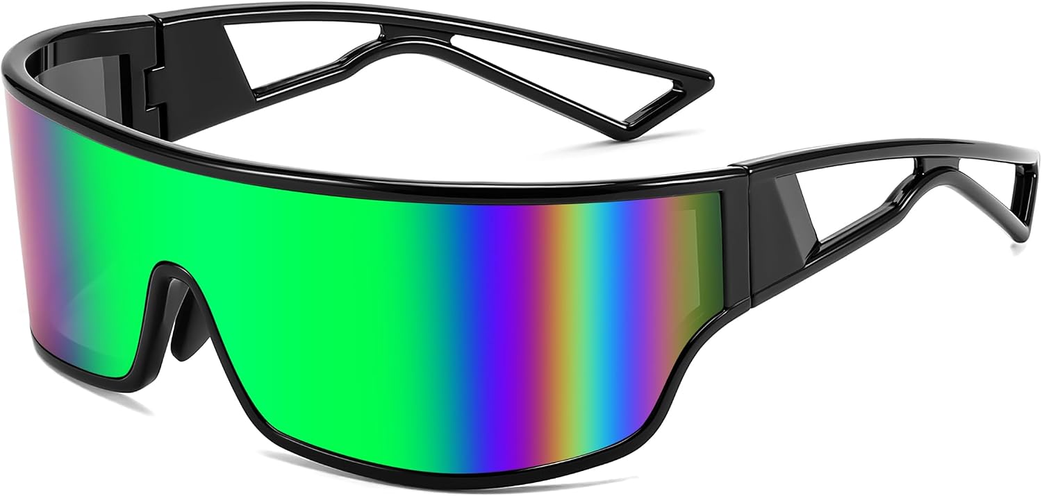 Black Frame Green Mirrored Lens / 75 Millimeters | B0D3PMVB19 | FEISEDY Trendy Futuristic Wrap Sunglasses Flat Top Mirrored One Piece Lens Reflective Sun Glasses for Women Men B0161