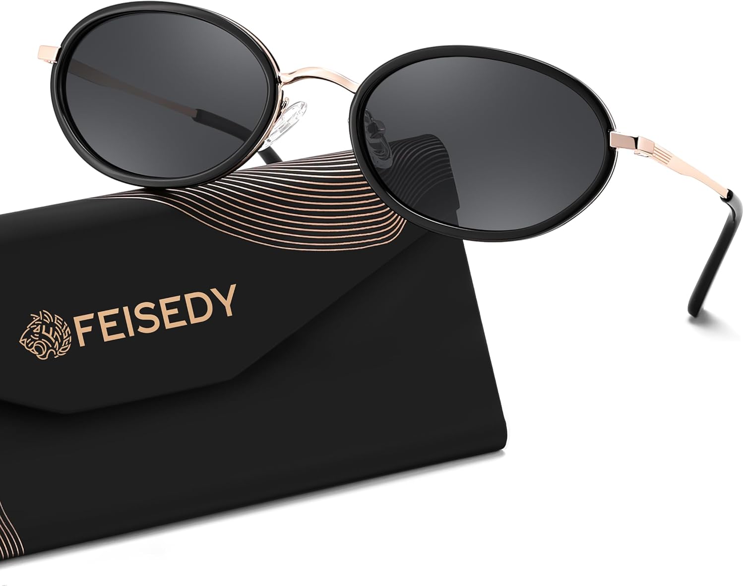 Black Frame + Grey Lens / 52 Millimeters | B0GX9FN7JL | FEISEDY Polarized Oval Metal Sunglasses for Women Men Classic Retro B0439