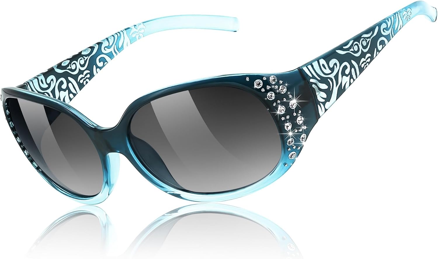 Gradual Blue Frame & Gradual Grey Lens / 57 Millimeters | B0FZT3LNB5 | FEISEDY Women's Polarized Sunglasses Wrap Around Rhinestone Design Fashion Sunnies UV400 Protection B1091