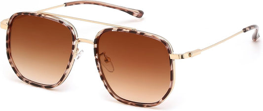 FEISEDY Retro Aviator Sunglasses for Women Men Vintage Classic Square Metal Frame Sun Glasses Trendy Shades B0371 | RED Series - Tortoise Frame Brown Lens