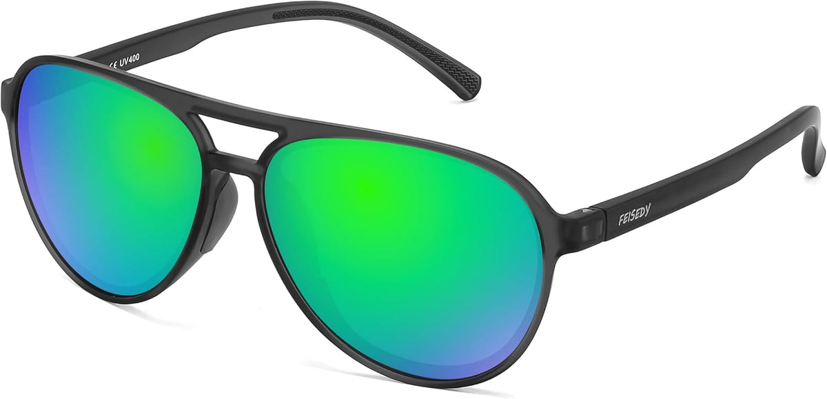 Grey/Green / 58 Millimeters | B0GVSXRJ4M | FEISEDY Polarized Aviator Sunglasses for Men Women Trendy Sports TR90 B0378