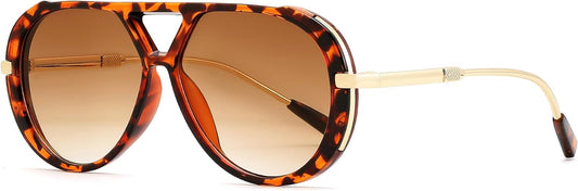 FEISEDY Retro Aviator Sunglasses for Women Men Vintage Trendy Metal 70s Aviators Sun Glasses B0405 | RED Series - Leopard Frame Brown Lens