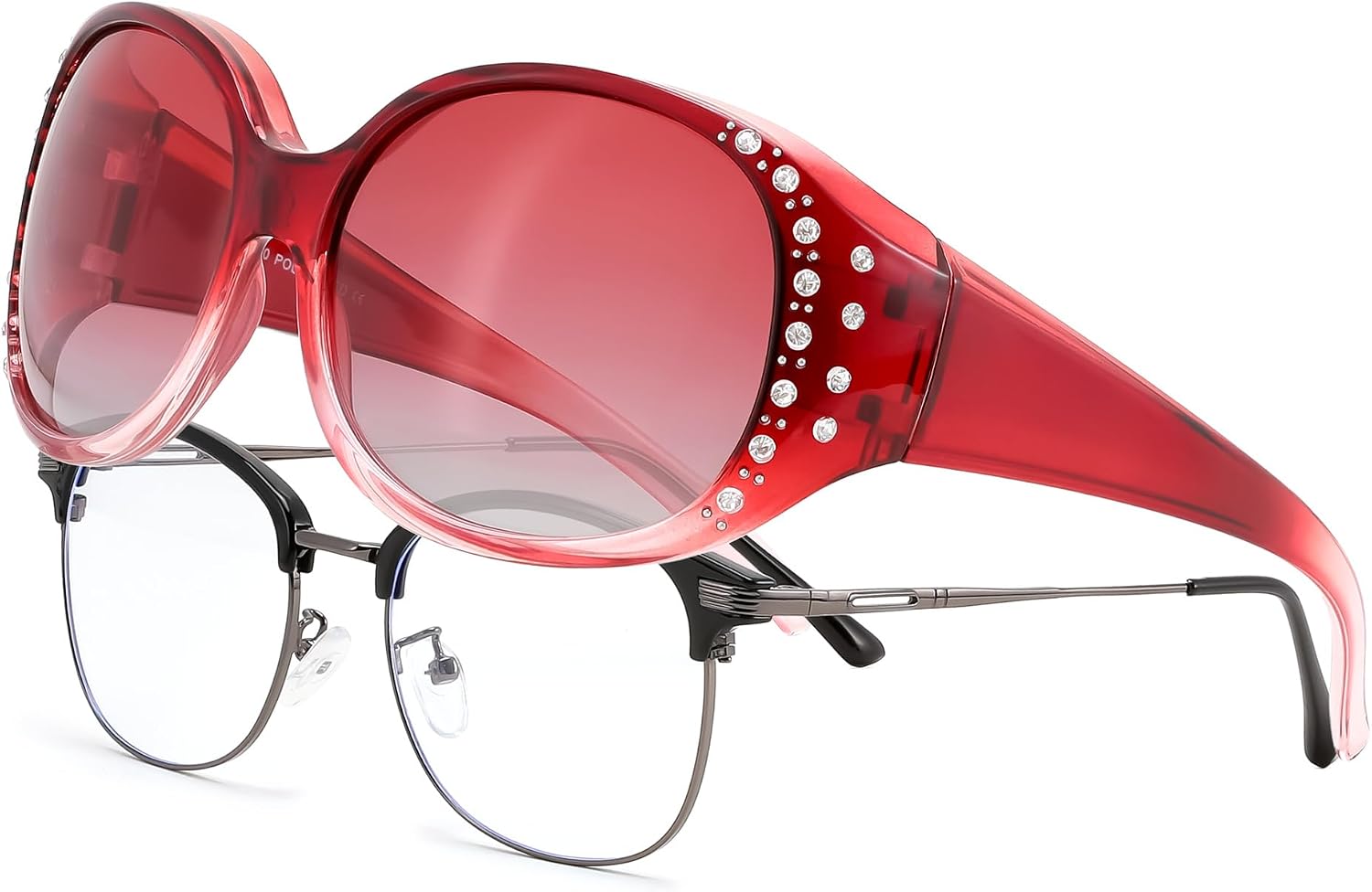 Gradual Wine Red/Gradual Red / 61 Millimeters | B0GRVKJCWQ | FEISEDY Women's Polarized Wrap-Around Fit Over Sunglasses with Rhinestones, Anti-Glare Driving Sun Glasses B0362