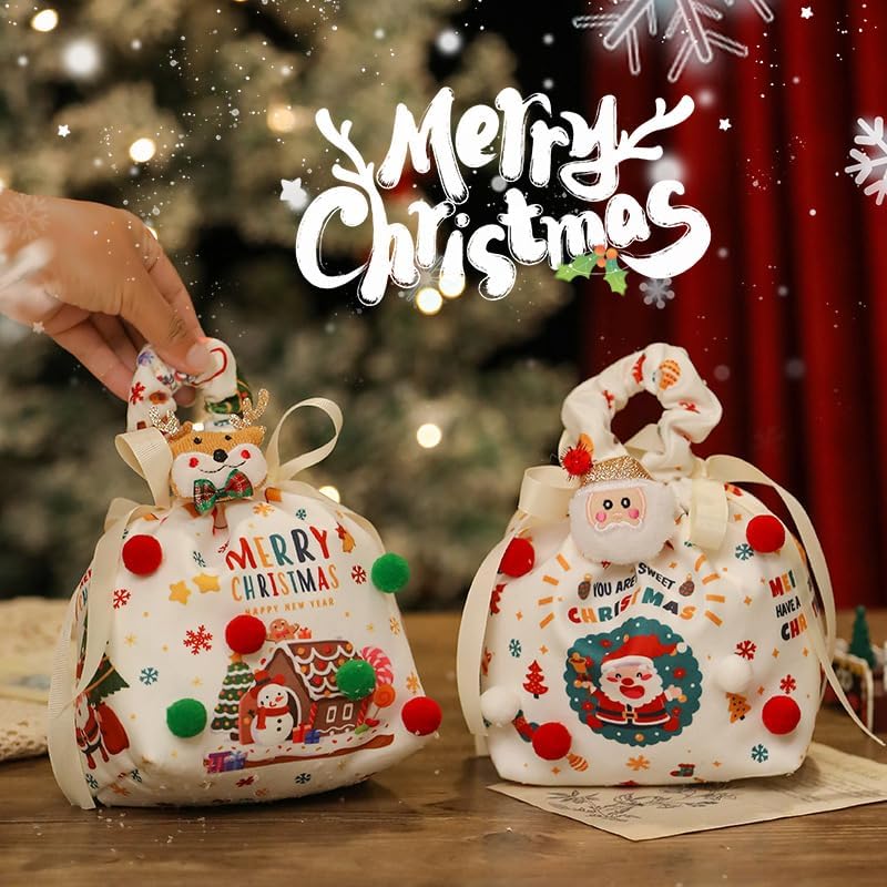 商品图片 2 | B0FYF6NKRV | Fabric Christmas Bags with Plush Ball & Rag Doll, Gift Bags for Christmas Presents, Reusable Fabric Apple Pouch for Candy