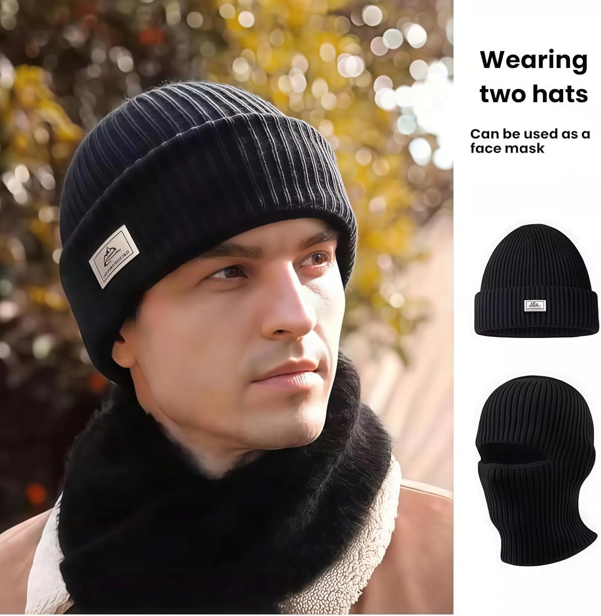 商品图片 4 | B0FSQN1WM5 | 2 in 1 Balaclava Face Mask Beanie Hat - Knitted Beanie for Men Women Winter Warm Full Face Cover Ski Mask for Outdoor Sports