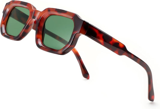 Tortoise Frame & Green Lens / 45MM Millimeters | B0D7H6SC1L | FEISEDY Retro Small Rectangle Sunglasses Women Men Fashion Thick Frame Chunky Square Shades B0202