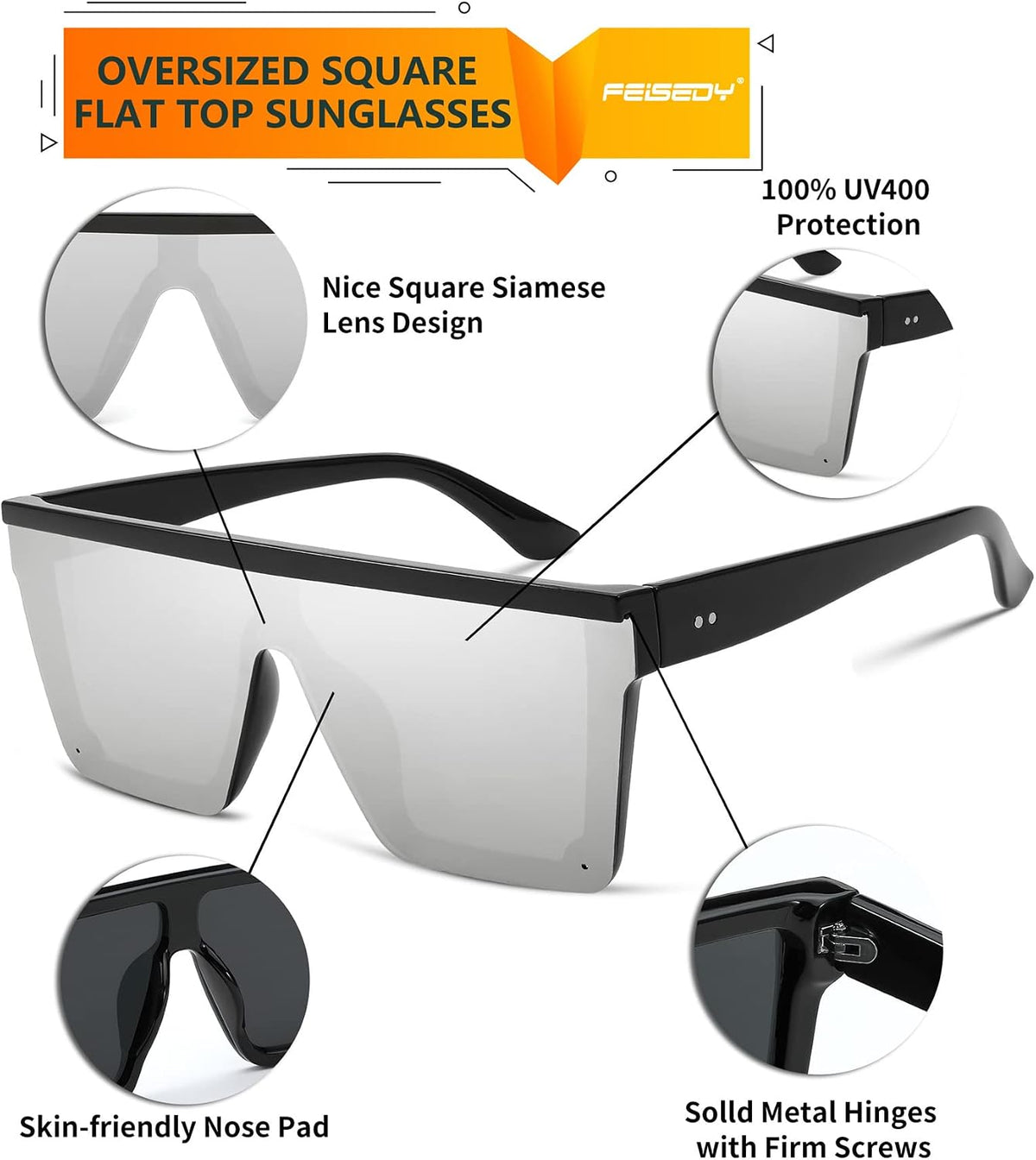 ÉÌƷͼƬ 43 | B09H6XXSDN | FEISEDY Oversized Sunglasses Mens Womens Flat Top Square Trendy Visor Shades UV400 B2470