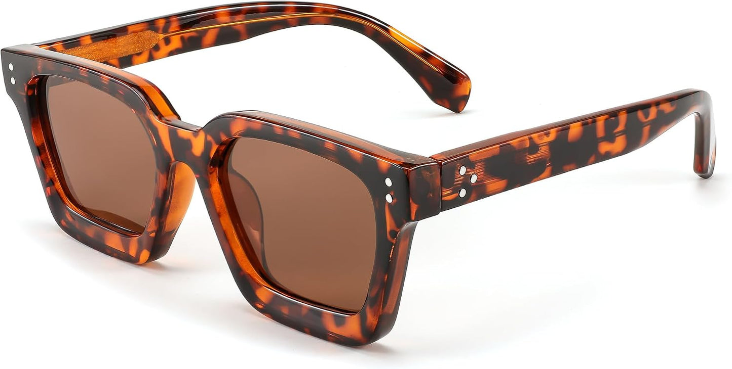 006 Leopard Frames | Polarized Tea Lenses / 50 Millimeters | B0C9HZ1T4L | FEISEDY Sunglasses Men Women Polarized, Chunky Square Thick Frame, Rectangle UV400 Shade Sun Glasses B2396