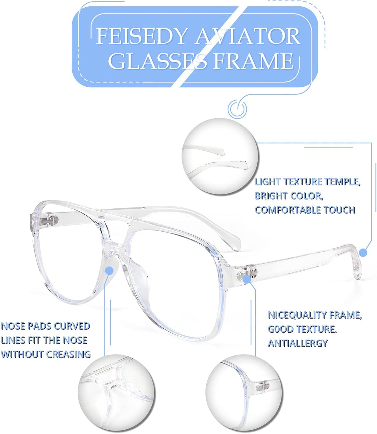 ÉÌƷͼƬ 24 | B09WZY6VWN | FEISEDY 70s Aviator Glasses Frame Blue Light Blocking Glasses Oversized Square Computer Glasses Women Men B2888