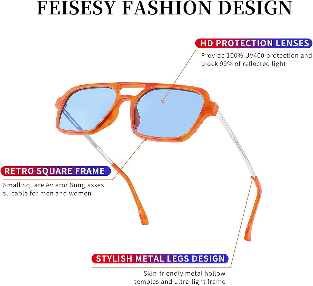 ÉÌƷͼƬ 10 | B0925V3NP4 | FEISEDY Vintage Square 70s Flat Aviator Sunglasses Women Men Metal Design Shades B2752