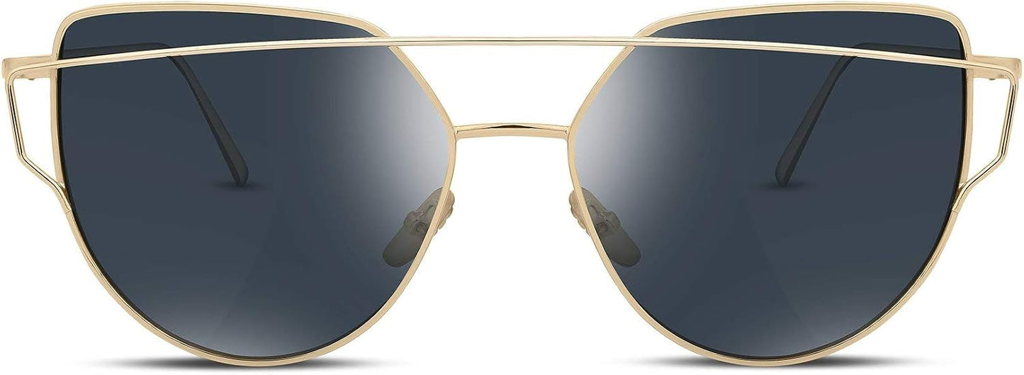 05 Gold Frame Grey Lens / 56 Millimeters | B01IHH67OA | FEISEDY Cat Eye Fashion Metal Frame Mirrored Flat Lenses Women Sunglasses B2206