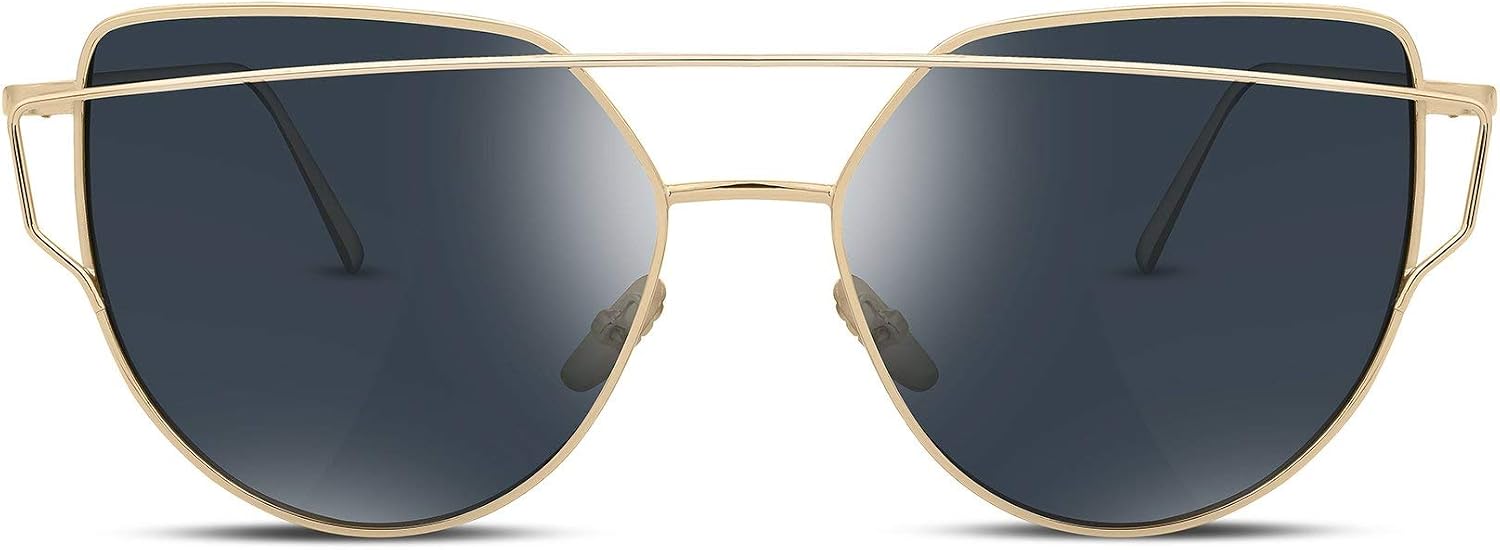 05 Gold Frame Grey Lens / 56 Millimeters | B01IHH67OA | FEISEDY Cat Eye Fashion Metal Frame Mirrored Flat Lenses Women Sunglasses B2206