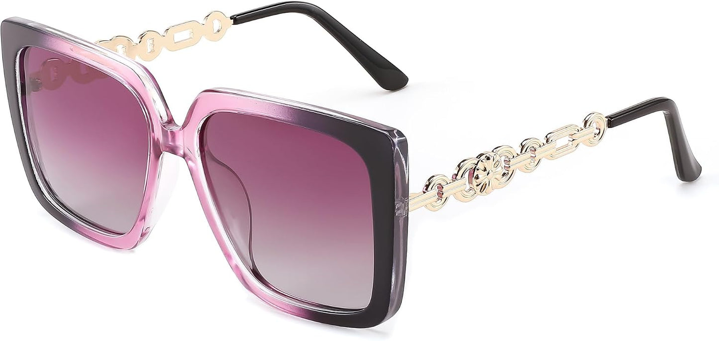 Gradient Purple Frame Polarized Purple Lens / 55 Millimeters | B0CNGHSN1P | FEISEDY Sunglasses Womens Trendy, Oversized Square Shades, Pearl Inlay Cat Eye Frame UV400 Protection B2625