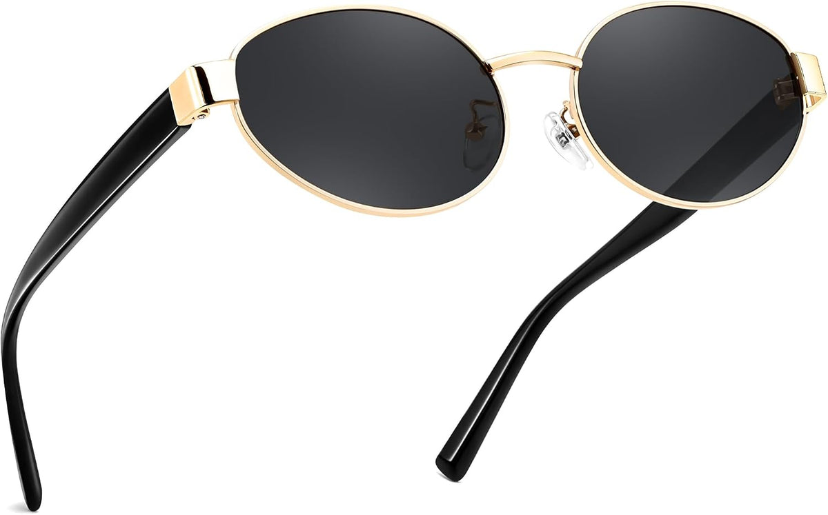 Gold Frame Grey Lens Black Legs / 54 Millimeters | B0GJZYT21T | FEISEDY Retro Oval Metal Y2K Sunglasses for Women Men Small Frame B0402
